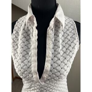 Bebe White Textured Polo Shirt Women's Small Sleeveless Y2K Stretch Collared